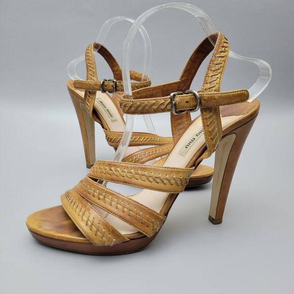 VTG Miu Miu Stilettos Leather Cognac Brown Open Toe Slingback Strappy Heels 10 - Picture 1 of 16